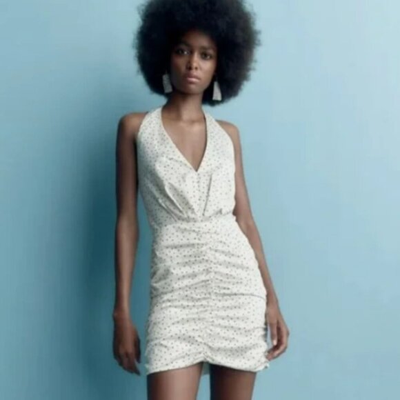 NWT Zara Ivory Black Polka Dot Halter Ruched Drape Mini Dress S - Picture 1 of 12